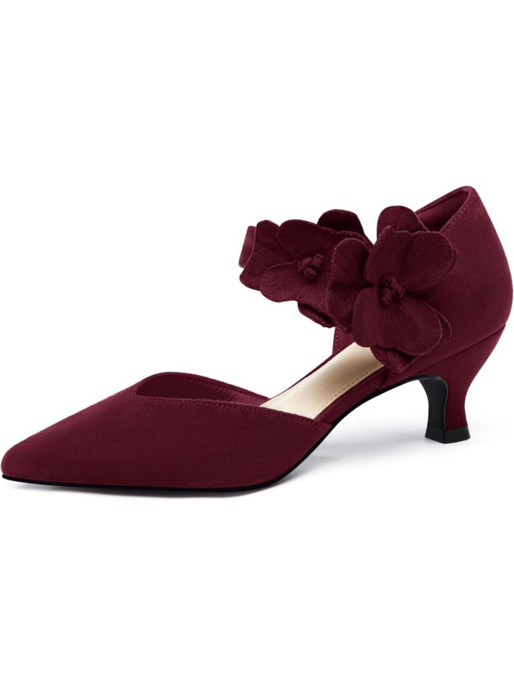 Women's Suede Burgundy Low Kitten Heels Closed Toe Flower Slip on Heels Pumps
